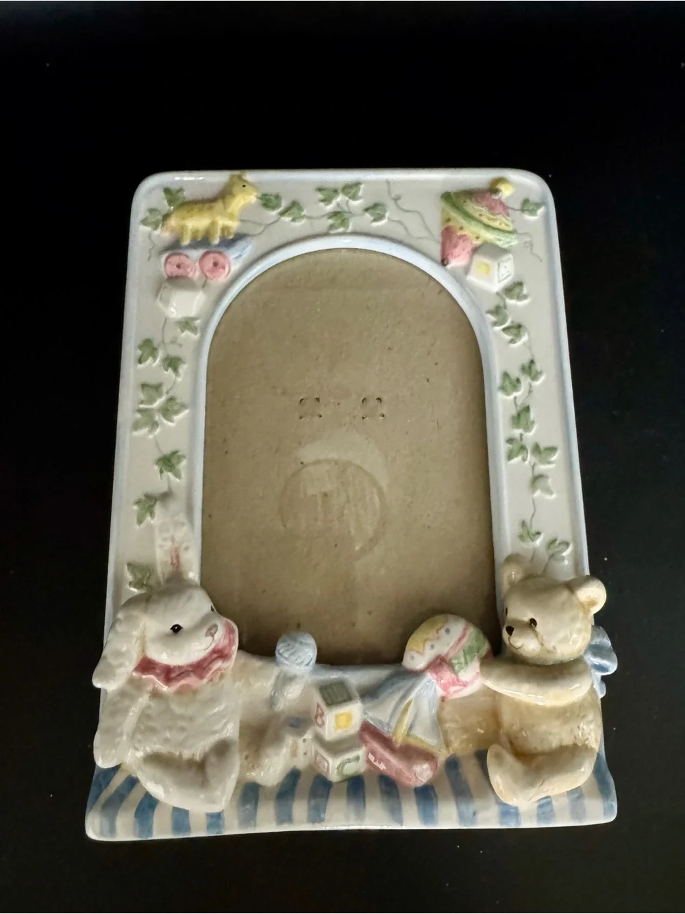Vintage C.R. Gibson Nursery Ceramic 5x7 Picture Frame with Bunny, Bear - Pastel